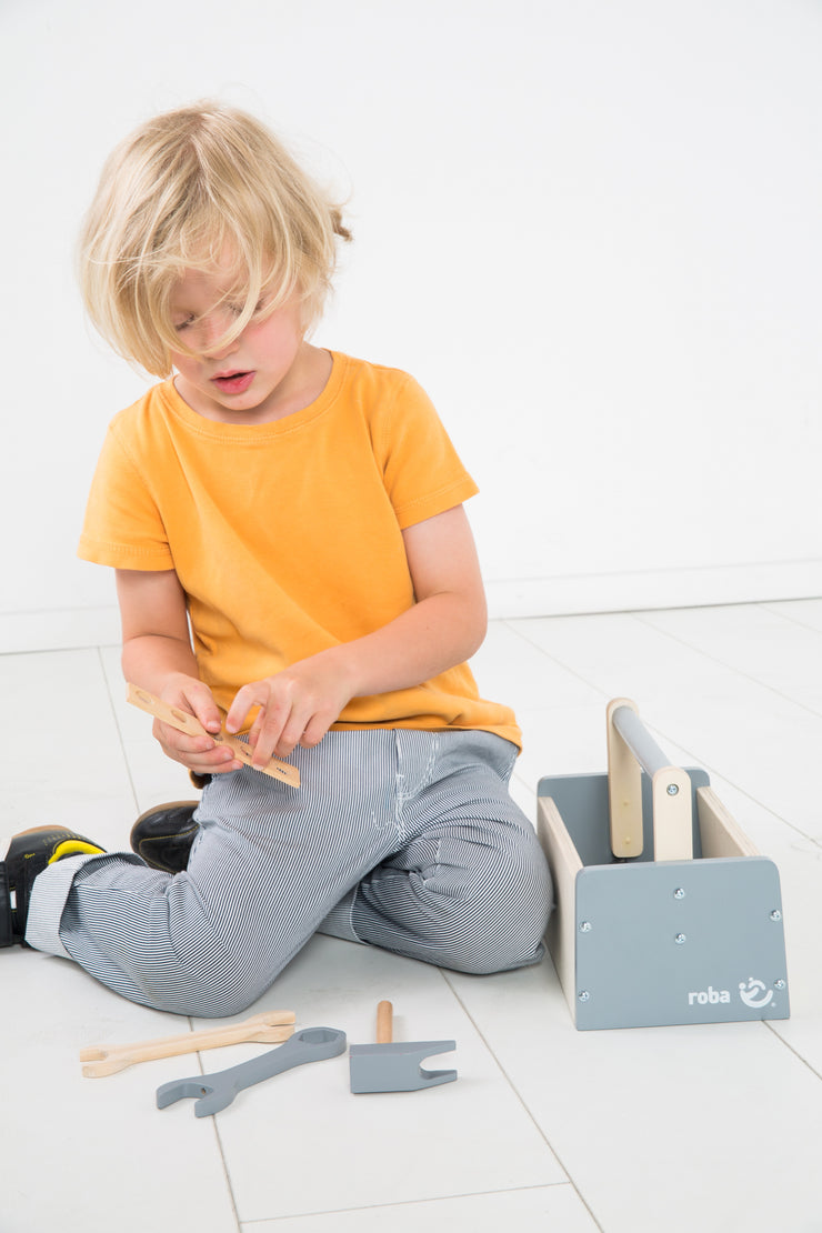 Cassetta degli attrezzi per bambini, cassetta degli attrezzi in legno, kit di costruzione in legno, compreso l'attrezzo da 22 pezzi