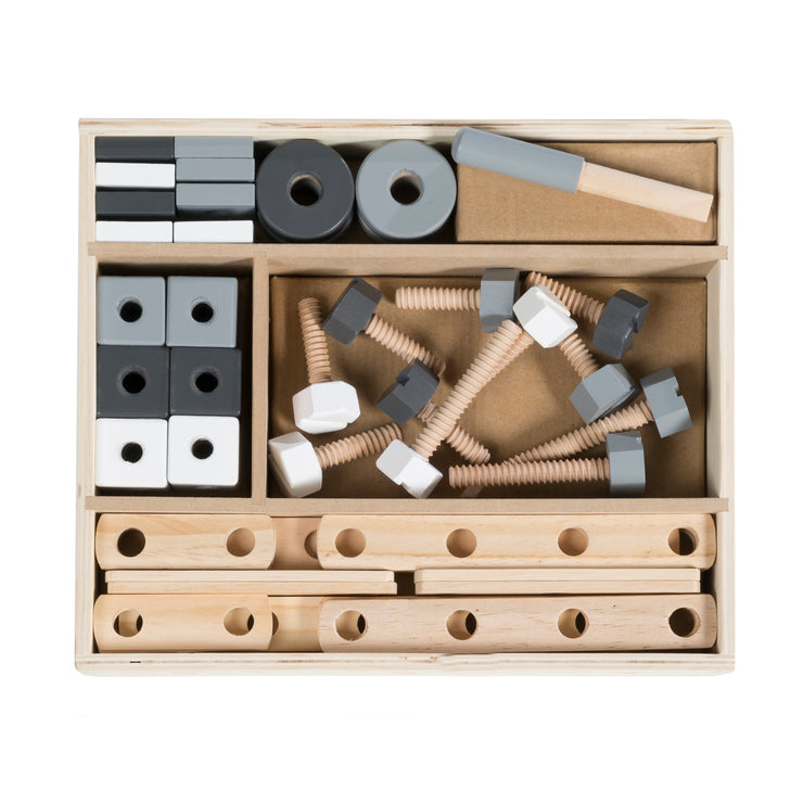 Set per costruzioni in legno, Set edilizia per bambini 48 pz., Cassetta degli attrezzi in legno, Giocattoli da 3 anni