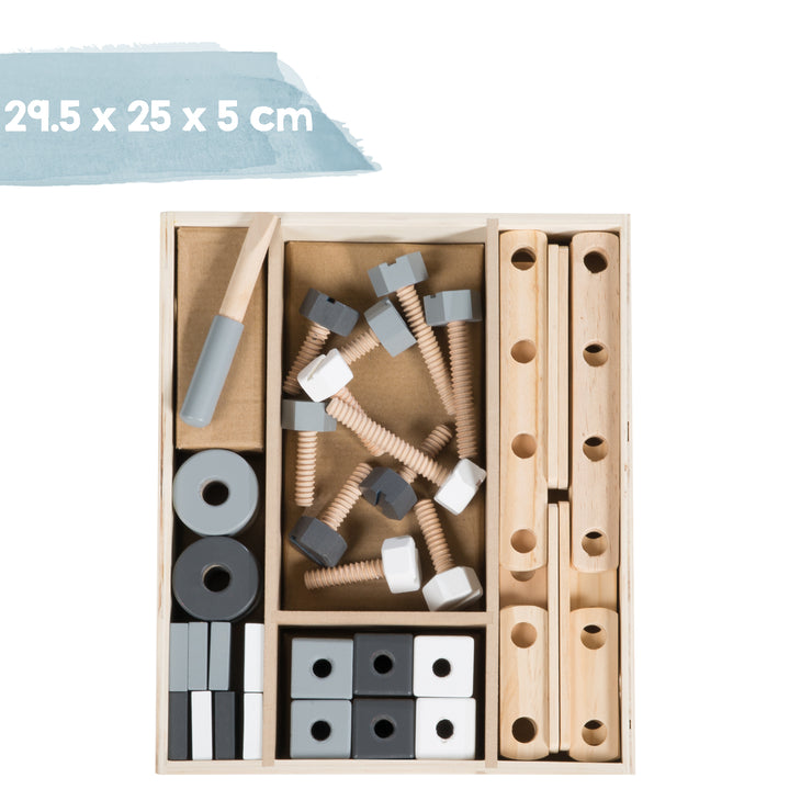 Set per costruzioni in legno, Set edilizia per bambini 48 pz., Cassetta degli attrezzi in legno, Giocattoli da 3 anni
