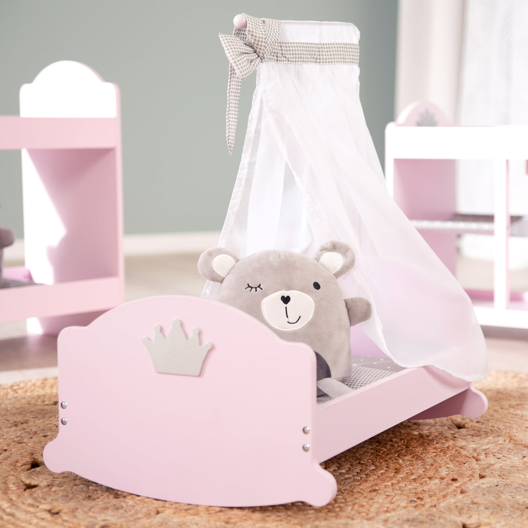 Serie di culla per bambole 'Sophie', compresi arredi in tessuto, biancheria da letto e baldacchino, rosa