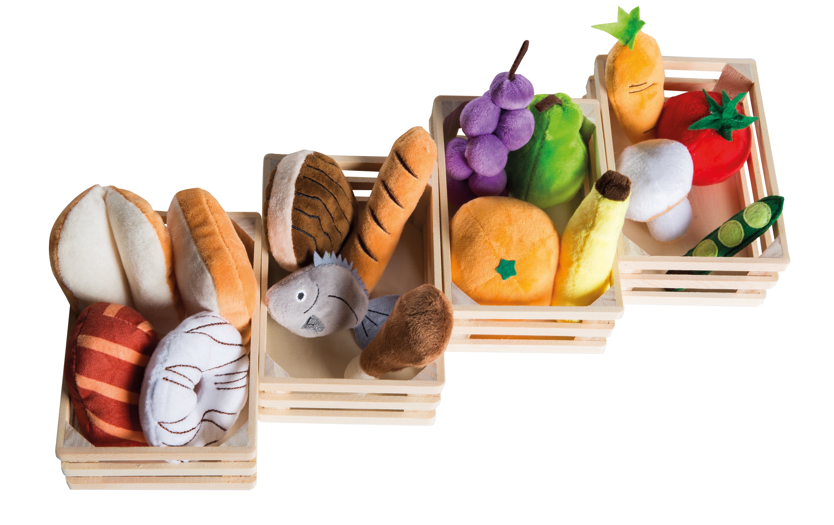 Kaufladenzubehör: 4 Körbe der Kategorie Backwaren, Fisch/Fleisch, Gemüse und Obst aus plüschigem Stoff