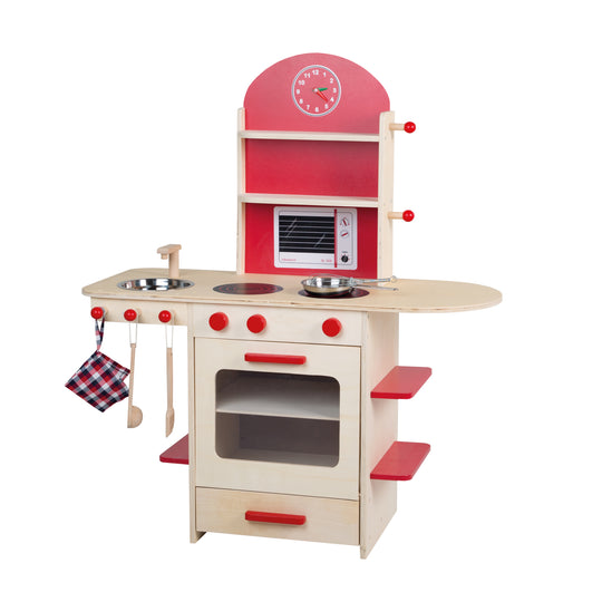 Spielküche, Holzküche natur/rot, Kinderspielküche mit Herd, Spüle, Wasserhahn & Regal