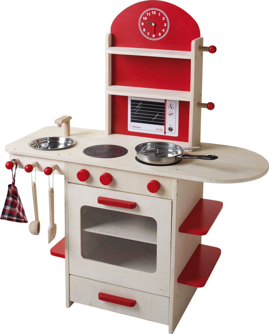 Spielküche, Holzküche natur/rot, Kinderspielküche mit Herd, Spüle, Wasserhahn & Regal