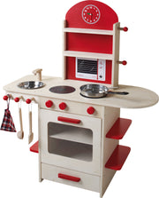 jugar cocina, cocina de madera natural, rojo, cocina de juegos infantiles con estufa, fregadero, grifo y estante