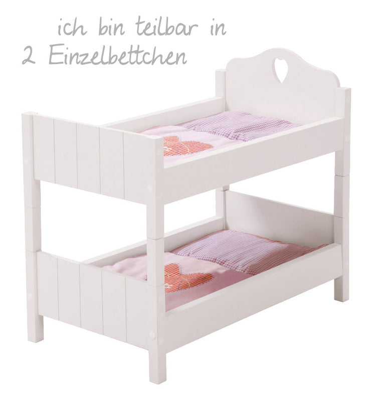 Litera para muñecas 'Fienchen', cama para muñecas divisible, pintada de blanco, con mobiliario textil