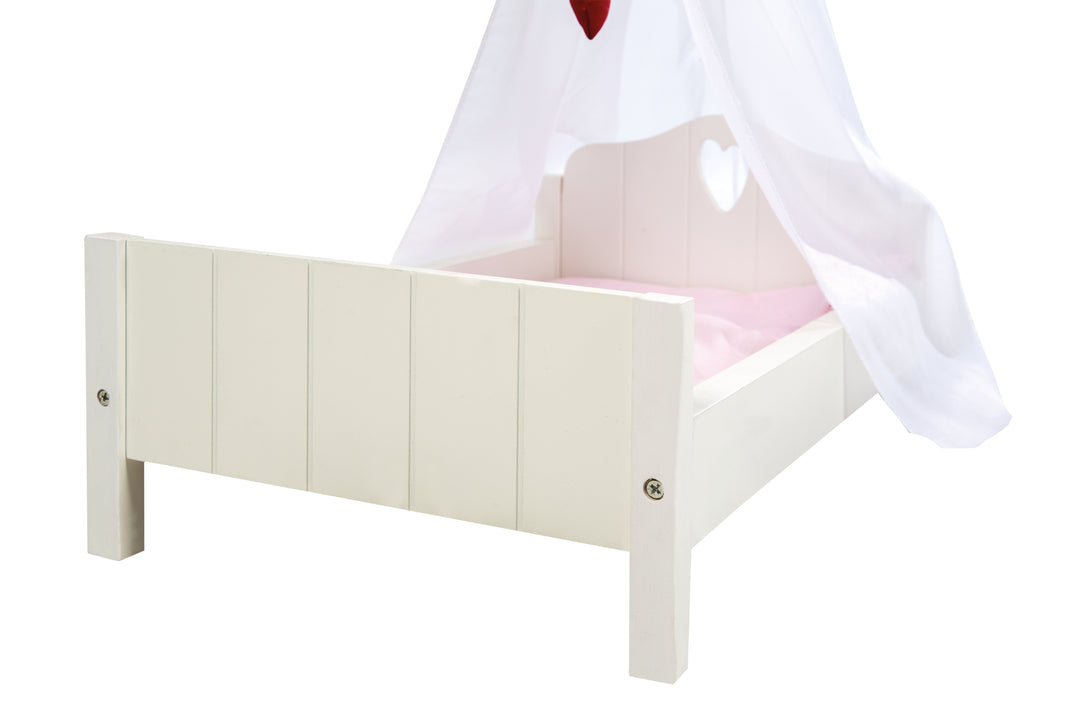 Cama para muñecas 'Fienchen', incluye accesorios textiles, ropa de cama y dosel, pintada de blanco