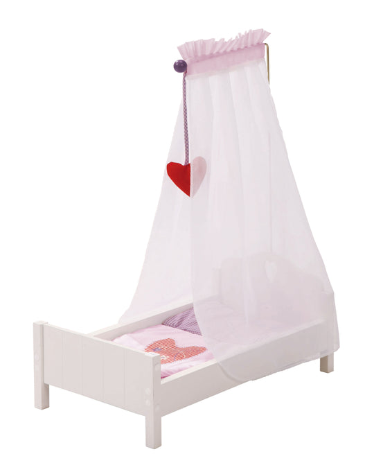 Cama para muñecas 'Fienchen', incluye accesorios textiles, ropa de cama y dosel, pintada de blanco