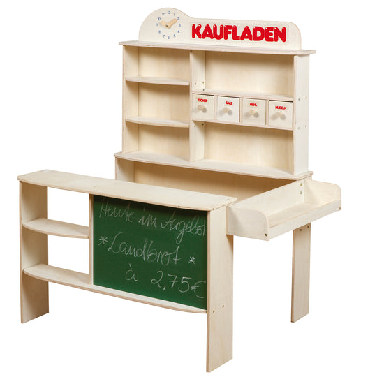 Kaufladen, Holz natur, Verkaufsstand mit 4 Schubladen, Uhr, Tafel, Theke & Seitentheke