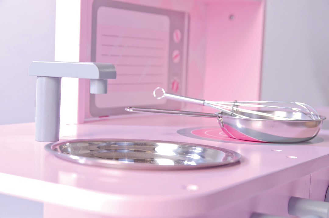 Cocina de juguete rosa, cocina infantil con estufa, fregadero, grifo y estante con accesorios incluidos