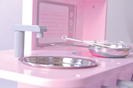 Cocina de juguete rosa, cocina infantil con estufa, fregadero, grifo y estante con accesorios incluidos