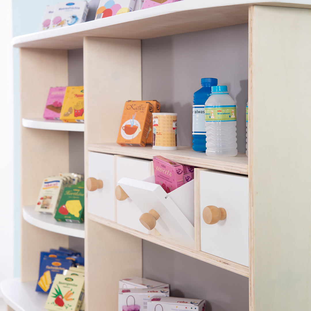 Negozio, legno naturale, laccato bianco/grigio, 4 cassetti, orologio, lavagna, bancone & bancone laterale