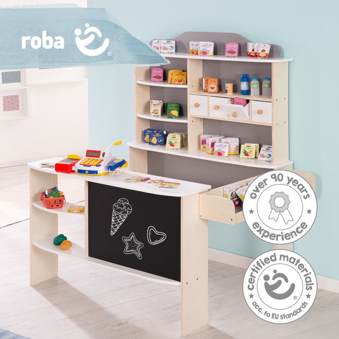 Negozio, inclusi accessori, naturale, bianco / grigio, 4 cassetti, orologio, lavagna, bancone e bancone laterale