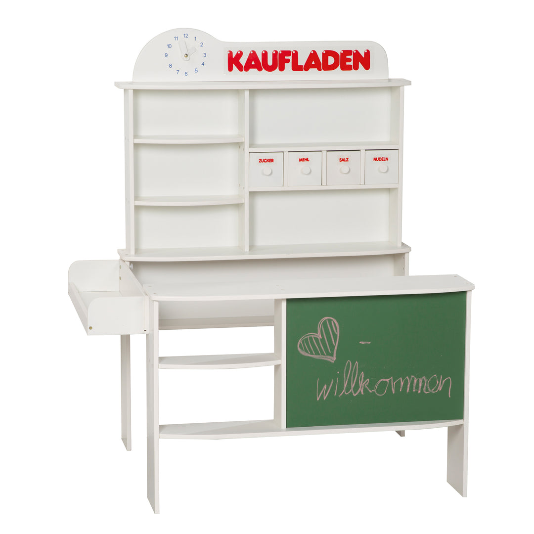 Negozio, bianco legno, stalla, 4 cassetti, orologio, lavagna, bancone, bancone laterale