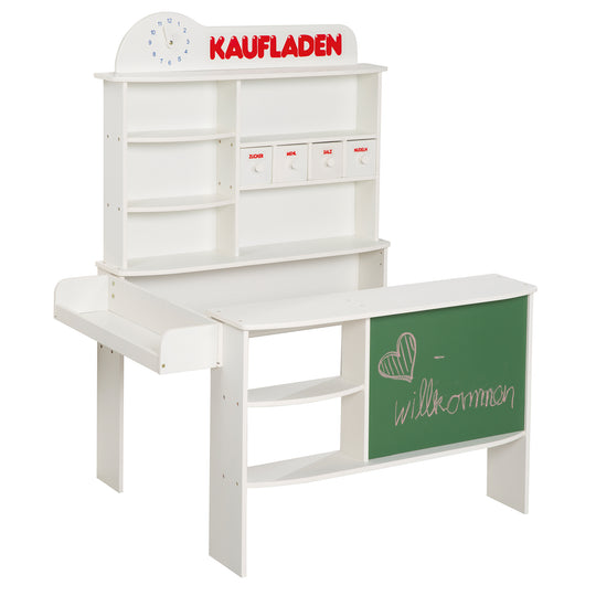 Negozio, bianco legno, stalla, 4 cassetti, orologio, lavagna, bancone, bancone laterale