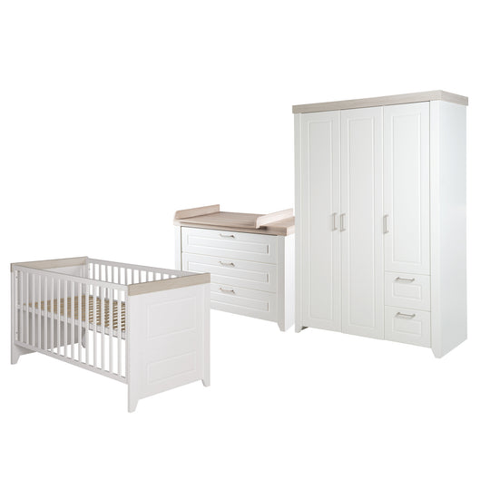 Conjunto de habitación 'Felicia', incluye cuna combinada 70 x 140 cm, cómoda para cambiar y armario de 3 puertas, roble Luna/blanco