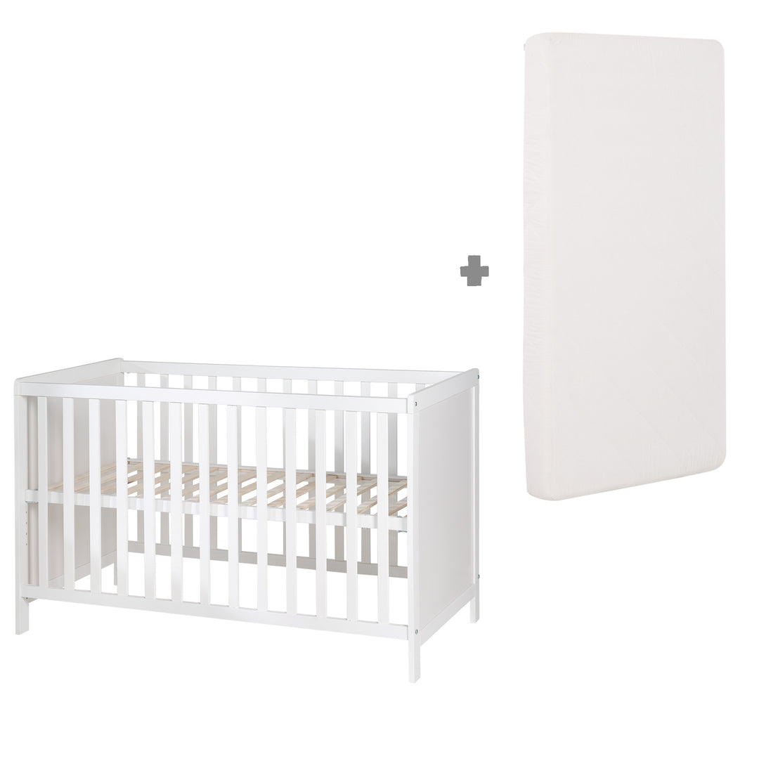 Cuna de colecho, 60 x 120 cm, blanca, ajustable, 5 barrotes removibles, incluye somier y colchón