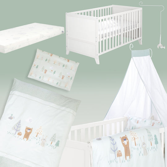 Juego de cuna 'Wooland Buddies' 70 x 140 con equipamiento completo incluido - Blanco / Verde pastel