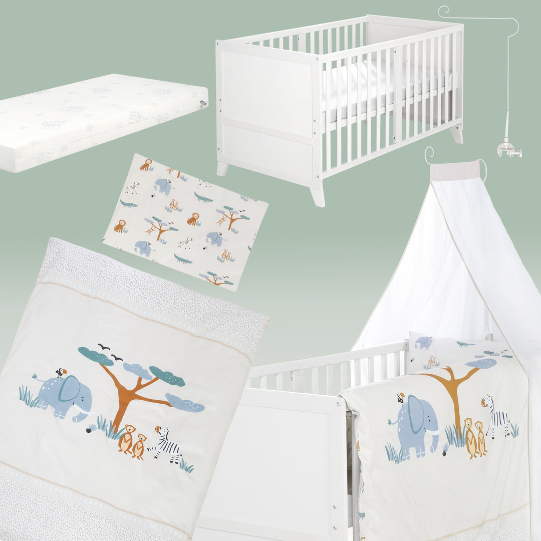 Babybettset 'Savanna Friends' 70 x 140 inkl. kompletter Ausstattung - Weiß / Beige – Freisteller (3/17)