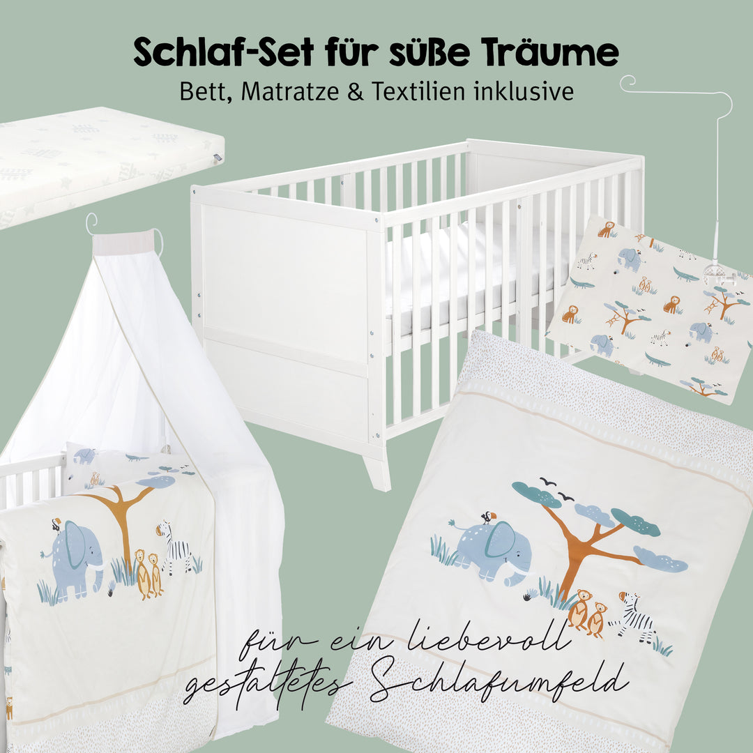 Babybettset 'Savanna Friends' 70 x 140 inkl. kompletter Ausstattung - Weiß / Beige – Freisteller (5/17)