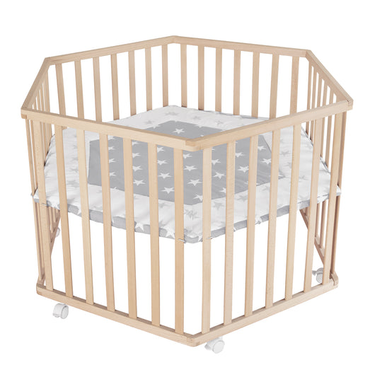 Parc hexagonal avec tapis au motif 'Little Stars' - Réglable en hauteur - Bois naturel