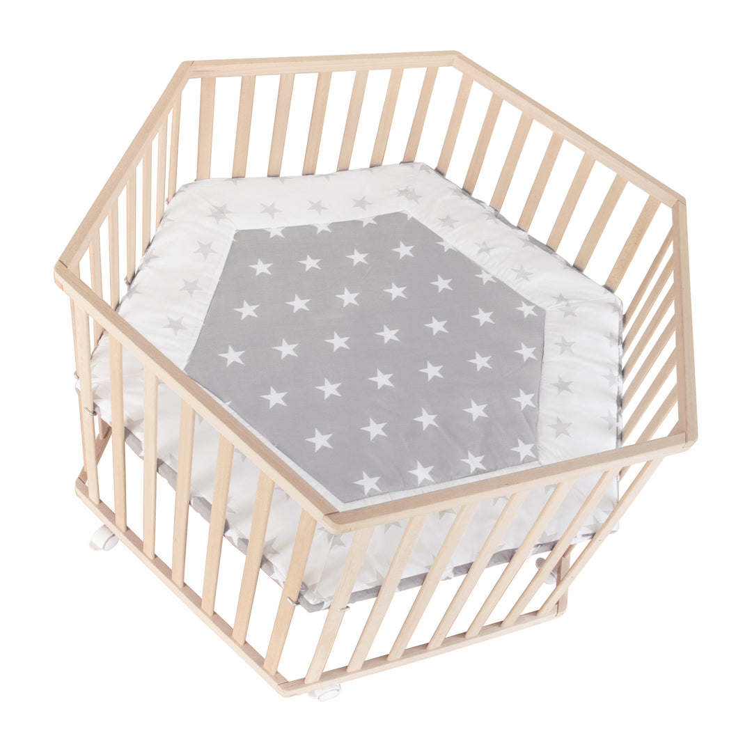 Parc hexagonal avec tapis au motif 'Little Stars' - Réglable en hauteur - Bois naturel