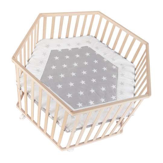Parc hexagonal avec tapis au motif 'Little Stars' - Réglable en hauteur - Bois naturel