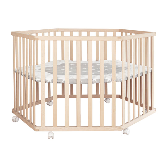 Parc hexagonal avec tapis au motif 'Little Stars' - Réglable en hauteur - Bois naturel