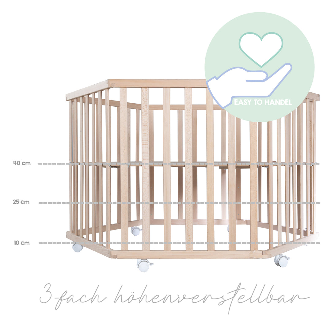 Parc hexagonal avec tapis au motif 'Little Stars' - Réglable en hauteur - Bois naturel