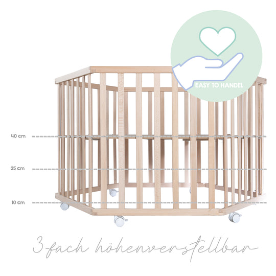 Parc hexagonal avec tapis au motif 'Little Stars' - Réglable en hauteur - Bois naturel