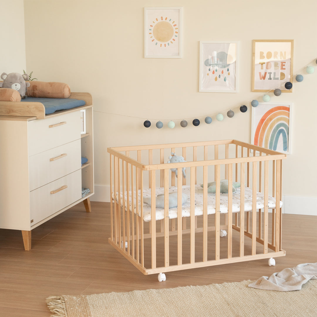 Parc bébé  75 x 100 avec tapis 'Sternenzauber gris' - Bois naturel