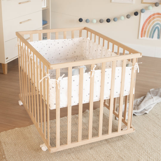 Parc bébé  75 x 100 avec tapis 'Sternenzauber gris' - Bois naturel