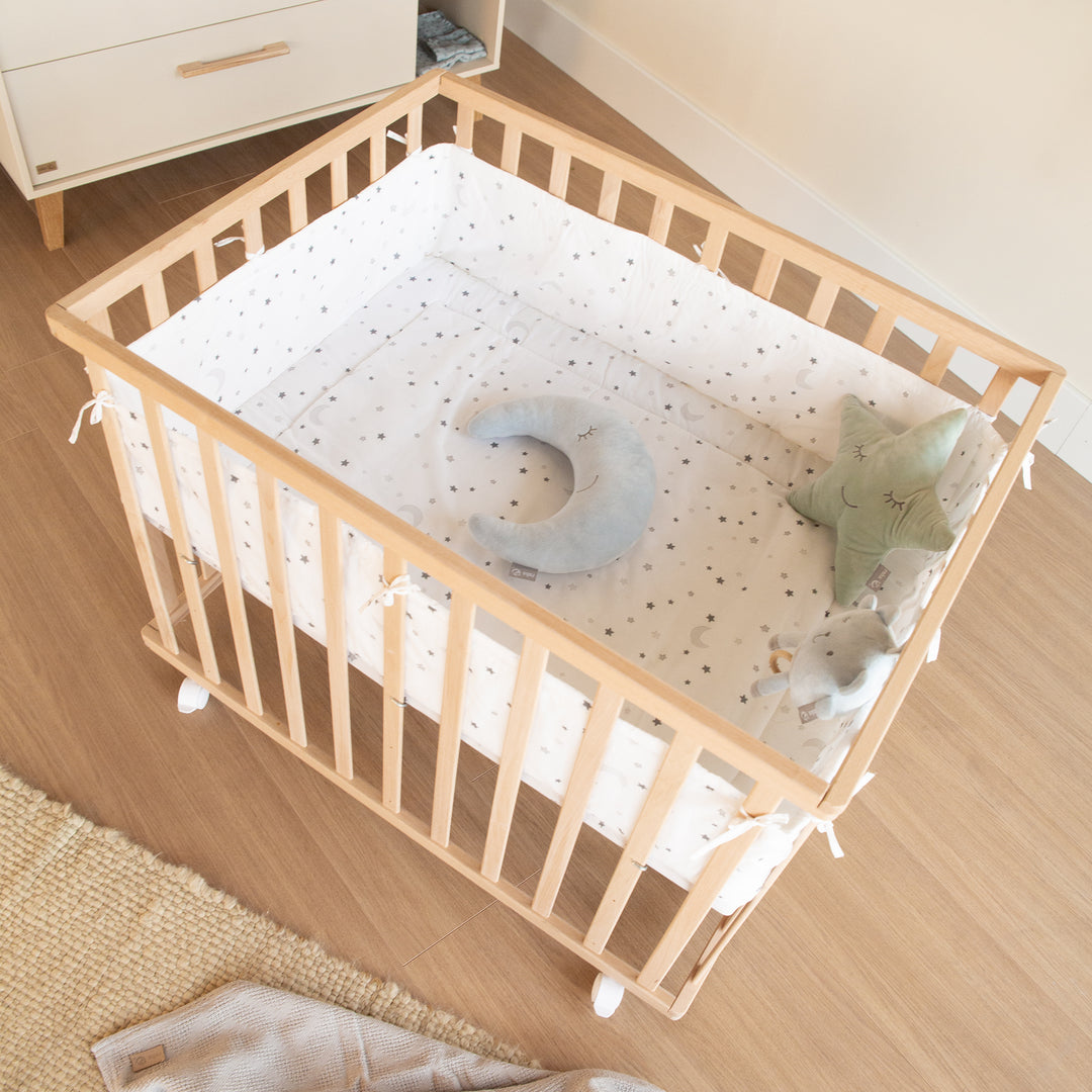 Parc bébé  75 x 100 avec tapis 'Sternenzauber gris' - Bois naturel