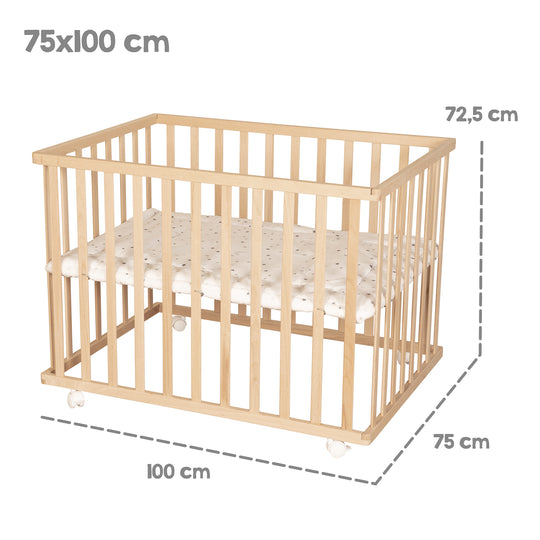 Parc bébé  75 x 100 avec tapis 'Sternenzauber gris' - Bois naturel