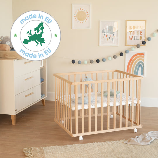 Parc bébé  75 x 100 avec tapis 'Sternenzauber gris' - Bois naturel