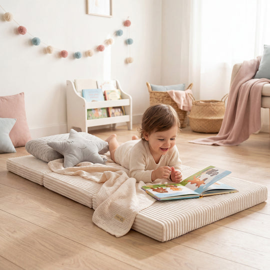 Reisebettmatratze 60 x 120 cm - 2-fach faltbar - Cord-Bezug abnehmbar & waschbar - Beige