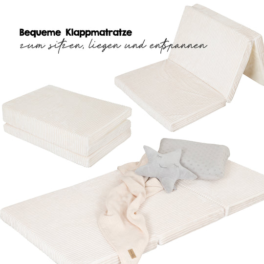 Reisebettmatratze 60 x 120 cm - 2-fach faltbar - Cord-Bezug abnehmbar & waschbar - Beige