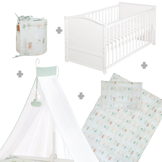 Juego de cama 70 x 140 cm 'Woodland Buddies' - Cuna convertible con accesorios - Blanco / Verde