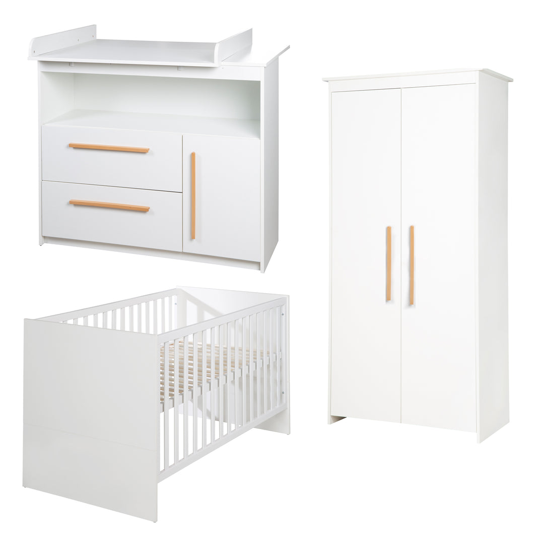 Kinderzimmer 'Lilo' - Kombi-Bett 70x140 + Wickelkommode + Kleiderschrank 2-türig - Weiß