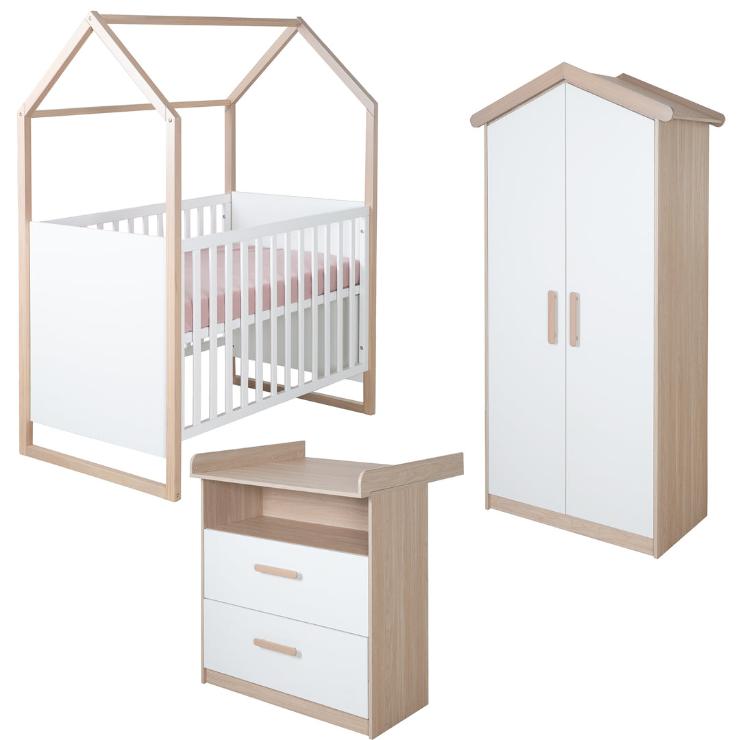 Babyzimmer Set Cabane 3-teilig in Hausoptik - Weiß / Dekor Eiche