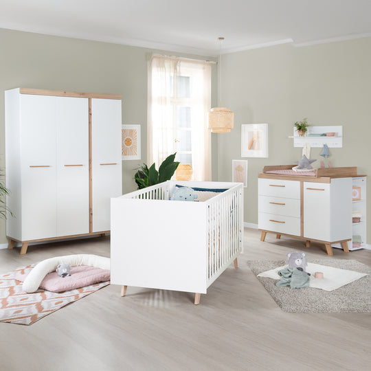 Camera dei bambini 3 pezzi 'Smile' - letto combinato + fasciatoio + armadio - rovere artigianale / bianco