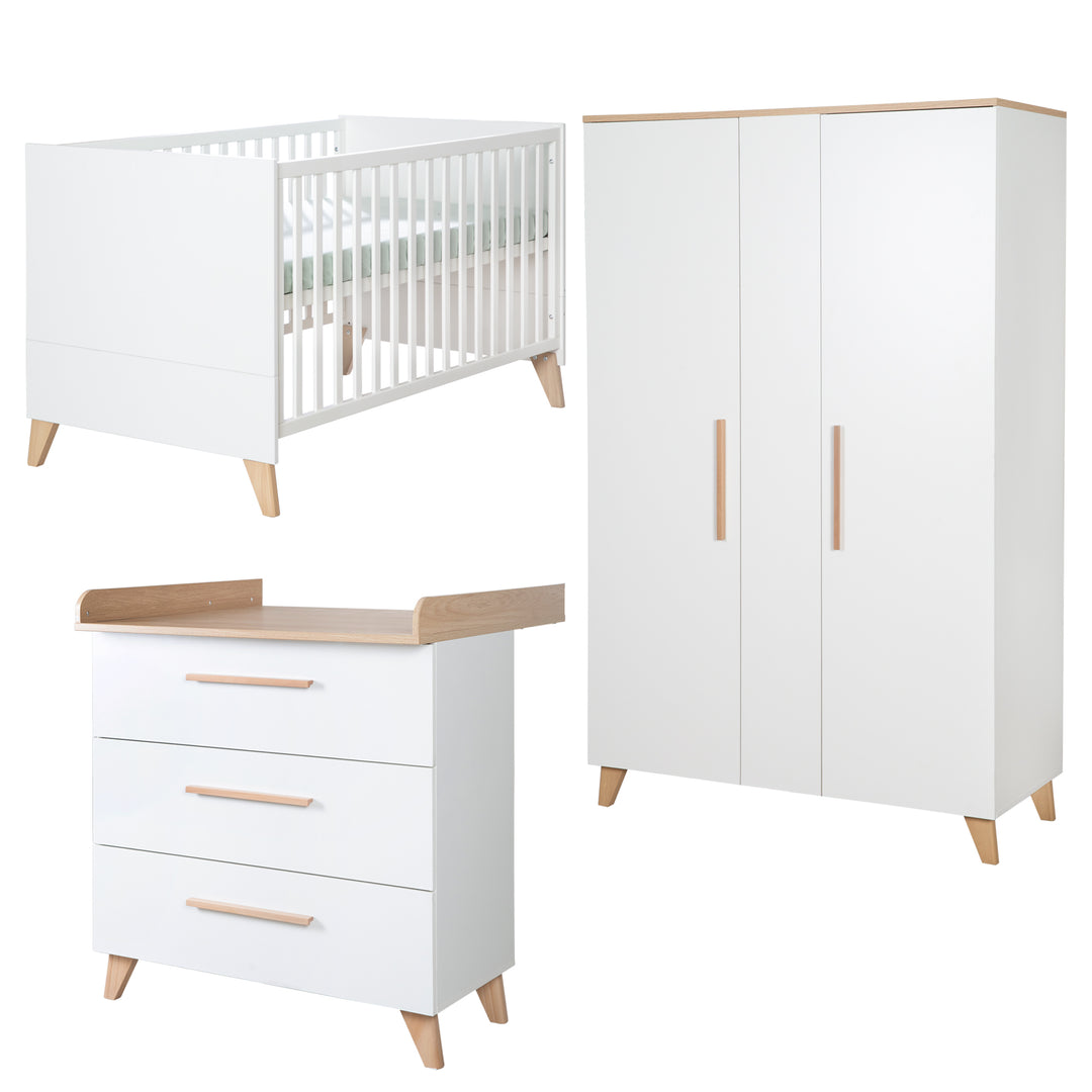 Zimmerset 'Leon' 3-teilig - Kombi-Bett 70x140 + Kommode + Schrank 2,5-türig - Weiß / Eiche