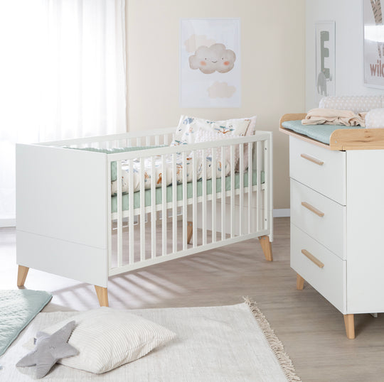 Zimmerset 'Leon' 3-teilig - Kombi-Bett 70x140 + Kommode + Schrank 2,5-türig - Weiß / Eiche