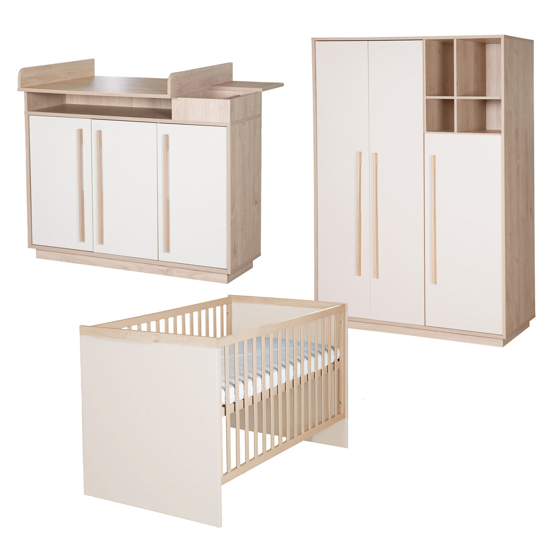 Chambre bébé 'Elva' 3 pcs – Étagères ouvertes & Fermeture Soft-Close – Cachemire / Noyer Virginia
