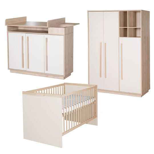 Chambre bébé 'Elva' 3 pcs – Étagères ouvertes & Fermeture Soft-Close – Cachemire / Noyer Virginia