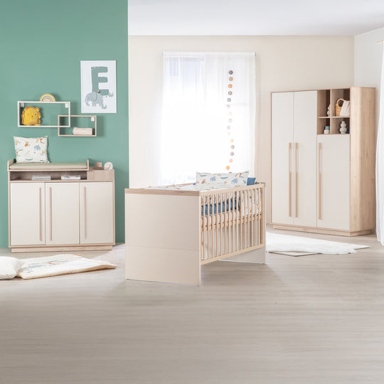 Chambre bébé 'Elva' 3 pcs – Étagères ouvertes & Fermeture Soft-Close – Cachemire / Noyer Virginia