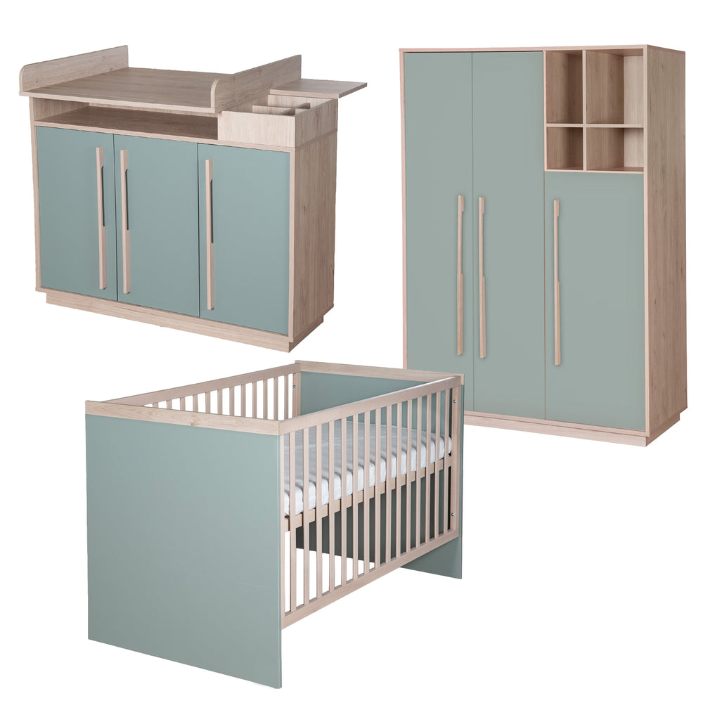 Chambre bébé 'Selva' 3 pc – Étagères ouvertes & Fermeture Soft-Close – Vert Reed / Noyer Virginia