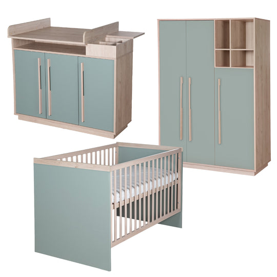 Chambre bébé 'Selva' 3 pc – Étagères ouvertes & Fermeture Soft-Close – Vert Reed / Noyer Virginia