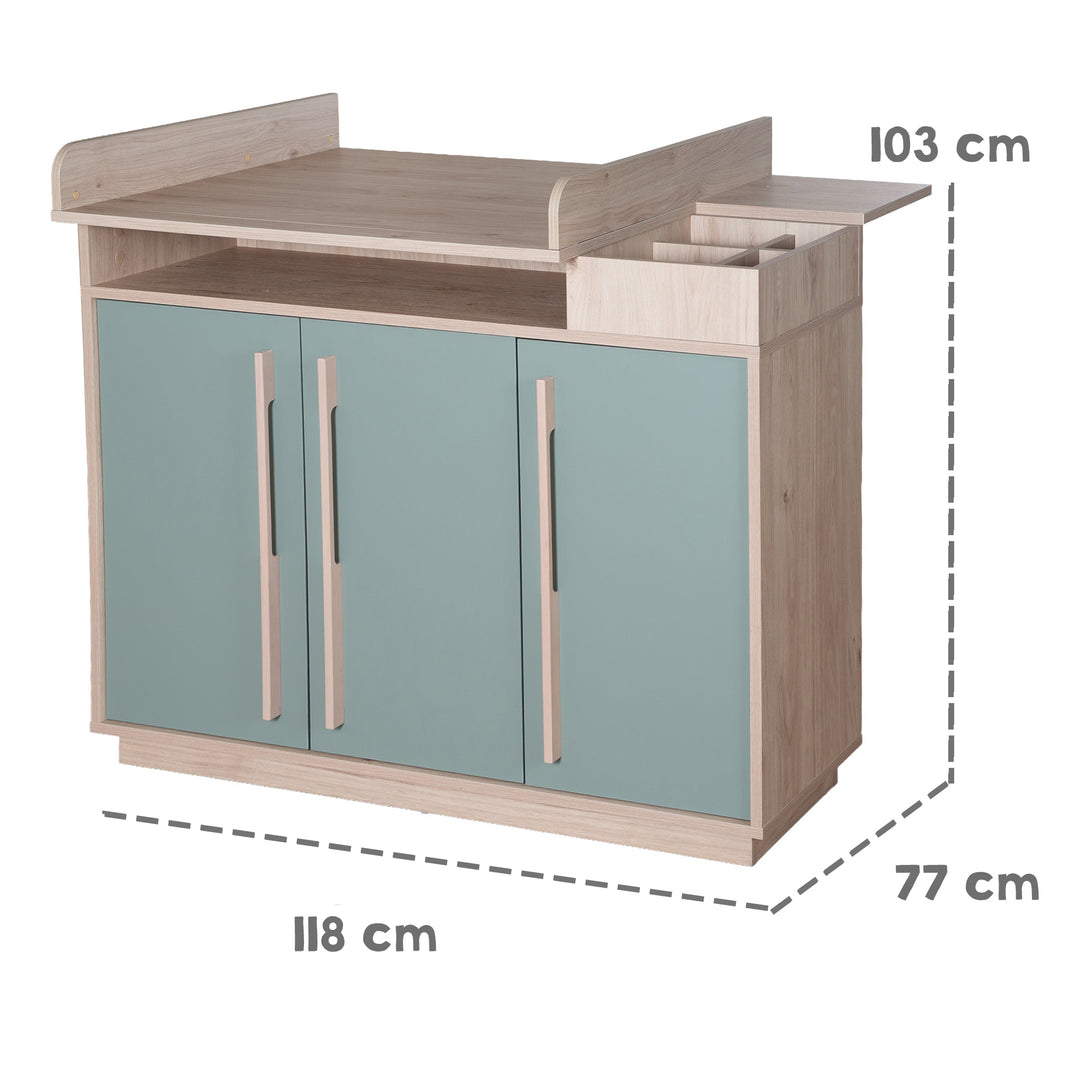 Chambre bébé 'Selva' 3 pc – Étagères ouvertes & Fermeture Soft-Close – Vert Reed / Noyer Virginia