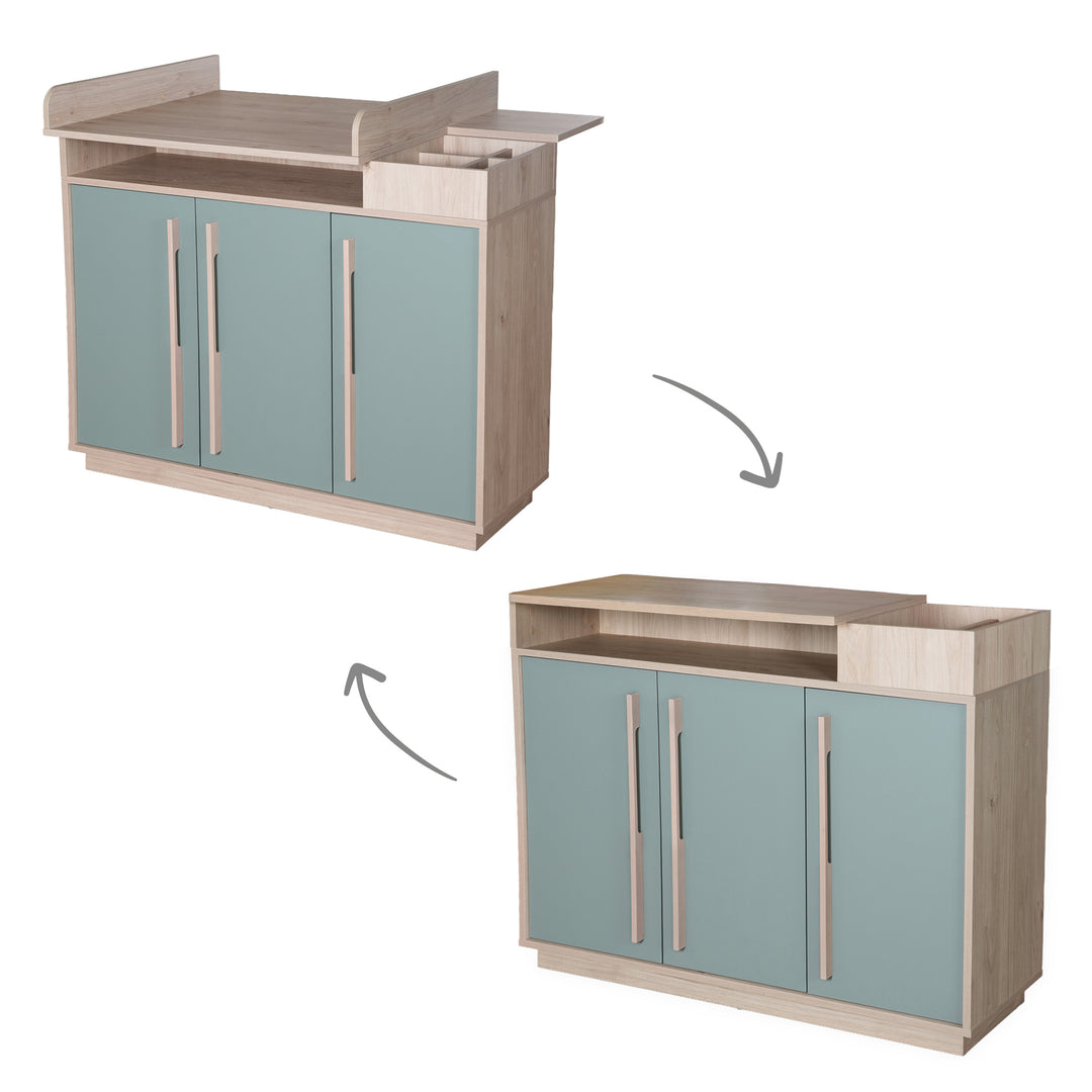 Chambre bébé 'Selva' 3 pc – Étagères ouvertes & Fermeture Soft-Close – Vert Reed / Noyer Virginia