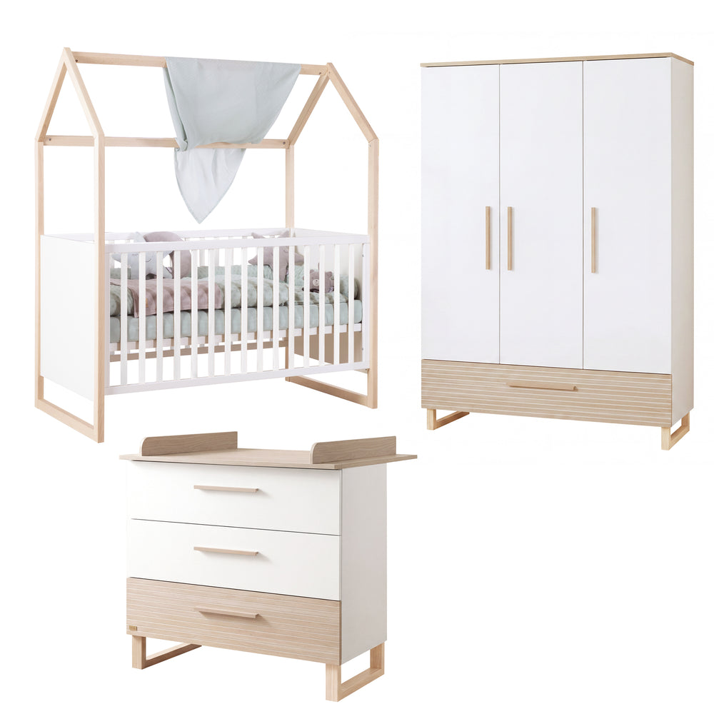 Ensemble chambre enfant 'Noah' 3 pièces avec lit cabane 70 x 140 cm – Blanc / Chêne Tristan